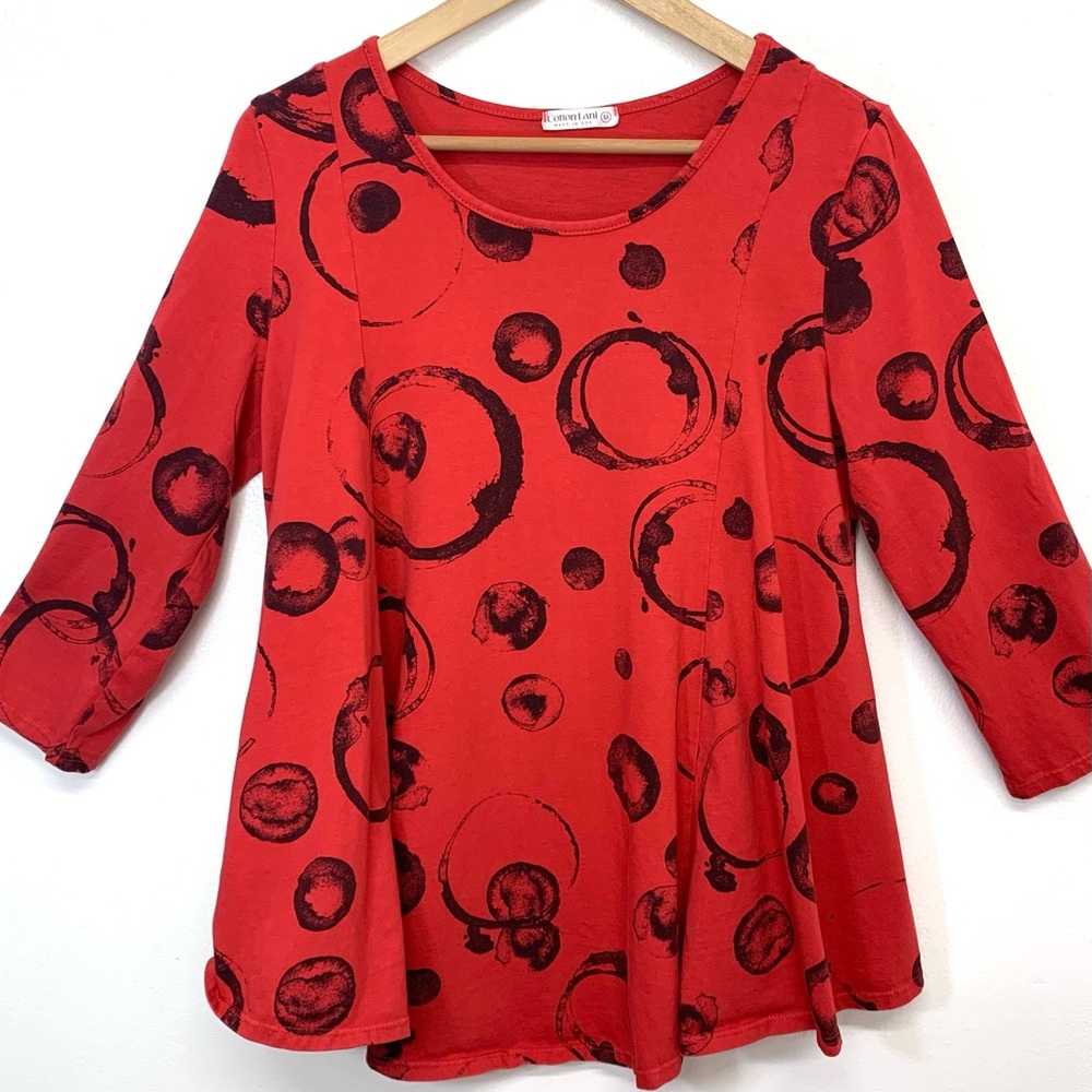 Cotton Lani‎ Top Woman Medum  Red Abstract Flowy 100% Cotton Casual Travel USA